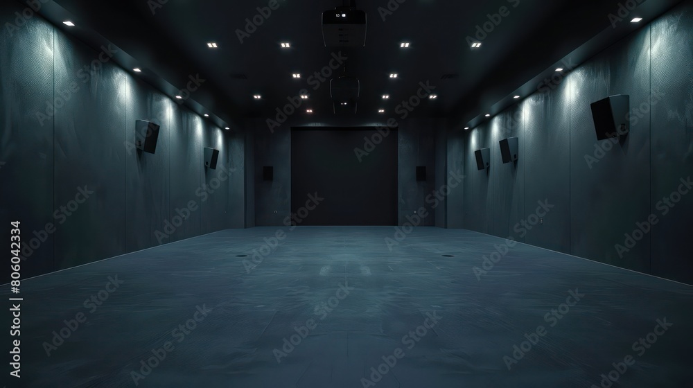 room with lighting the ceiling is black, each projector facing a wall room with lighting the ceiling is black, each projector facing a wall