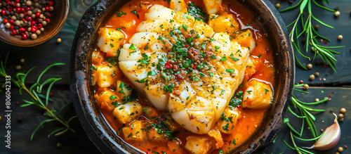Bacalao al pil pil is a traditional Basque dish made with salted cod cooked in olive oil with garlic and chili peppers photo