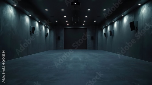 room with lighting the ceiling is black, each projector facing a wall