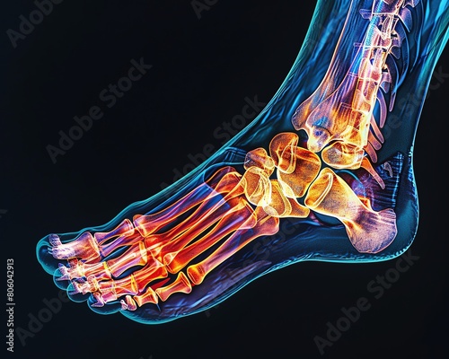 An X-ray of a foot shows the bones in the foot. The bones are in the correct alignment. There are no signs of any fractures, dislocations, or other abnormalities. photo