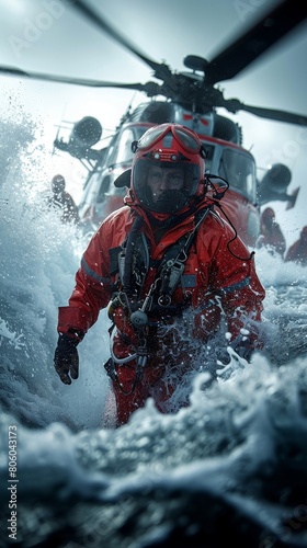 A brave rescuer in red uniform wade through the stormy sea to rescue people from a capsized boat in the background. photo