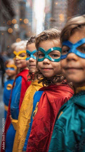 A group of diverse kids wearing superhero costumes and masks, looking at the camera. photo