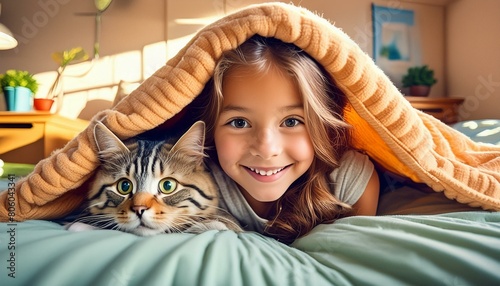 Mädchen mit ihre Katze unter der Decke.  photo