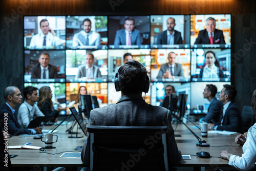 A business professional hosts a hybrid meeting that displays the participants on a large screen. photo