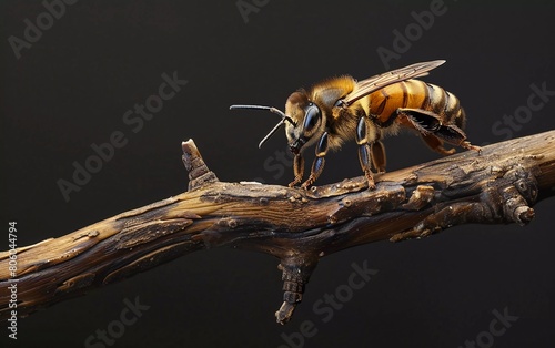 Cute Nomia bee on a brown wooden branch photo