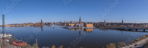 Panorama view from the vista point board walk Monteliusv  gen  the down town  Town City Hall  the old town Gamla Stan  a sunny spring day in Stockholm