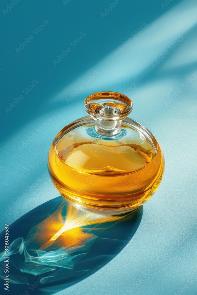 bottle of perfume on a blue background bottle of perfume on a blue background