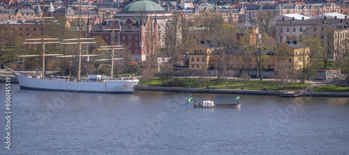 View over the area Strömmen, the royal barge in training for Danish royal visit the 6 of May, a sunny spring day in Stockholm