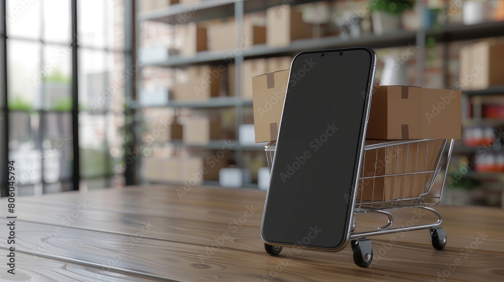mobile phone with boxes in a shopping cart on a wooden table, in an online store concept, in the style of soft focus photography, in daylight, high resolution. mobile phone with boxes in a shopping cart on a wooden table, in an online store concept, in the style of soft focus photography, in daylight, high resolution.