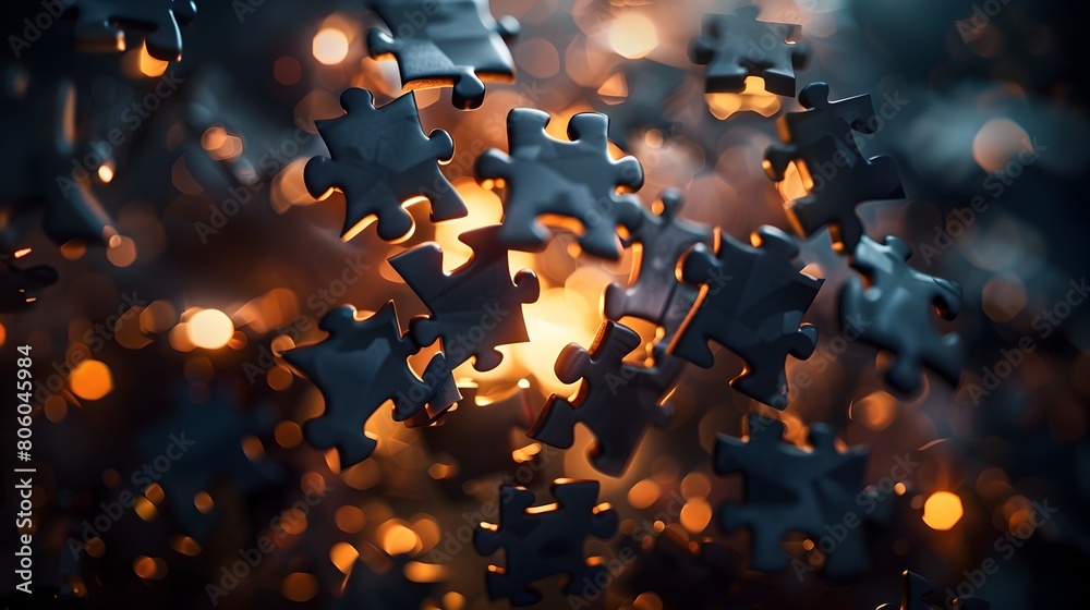 Disassembled Glowing Puzzle Pieces Suspended in Shadowy Moody Background,Symbolizing New Business Venture Development