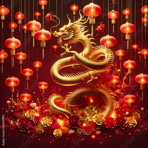 Golden dragon with chinese lanterns on red background  3d render