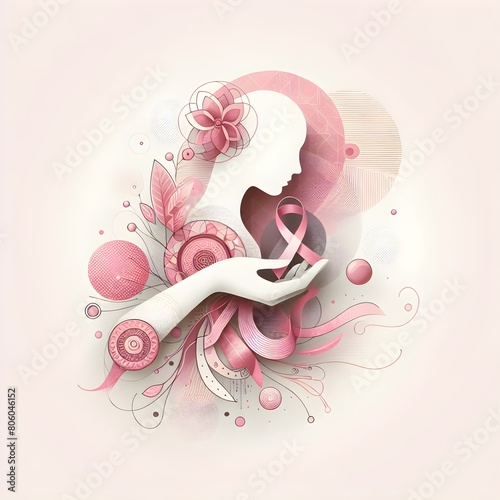 Breast cancer awareness concept with woman silhouette and pink ribbon. Vector illustration.