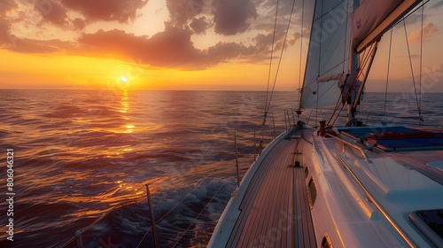 Sailing yacht sailing in the open sea at sunset, view from deck to cabin of luxury sailboat.  © horizon