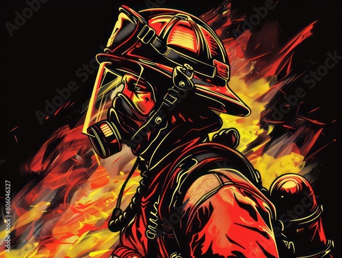 firefighter wearing full gear, black background