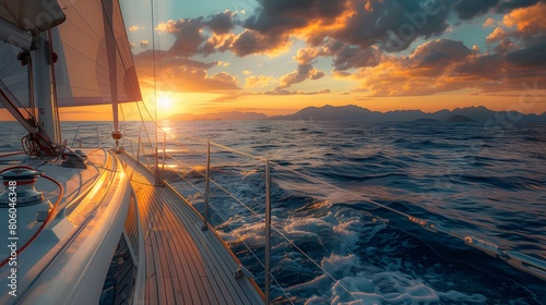 Sailing yacht sailing in the open sea at sunset  view from deck to cabin of luxury sailboat. 