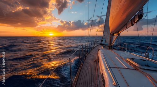 Sailing yacht sailing in the open sea at sunset  view from deck to cabin of luxury sailboat. 