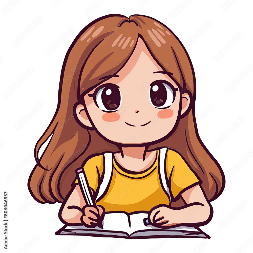 Cute cartoon girl writing illustration. Cartoon girl character. Cute cartoon girl writing illustration. Cartoon girl character.