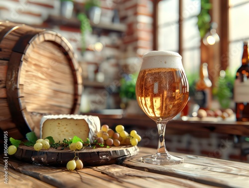 beer in oak beer barrel and cheese