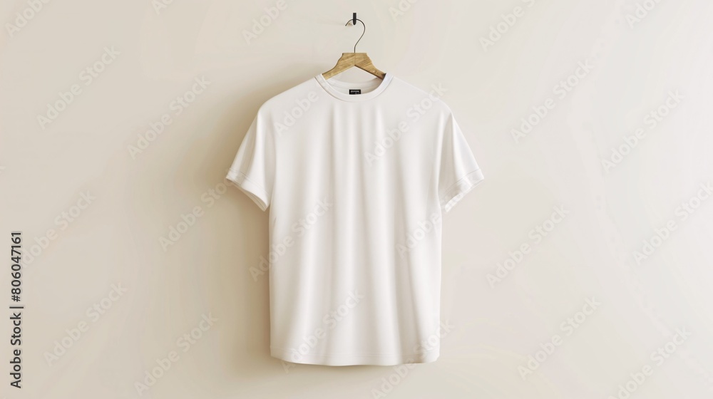 White t-shirt hanging on a hanger. Empty space for text. White t-shirt hanging on a hanger. Empty space for text.