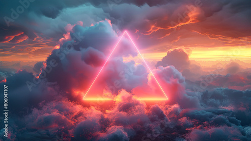 Glowing neon triangle amidst stormy clouds at sunset