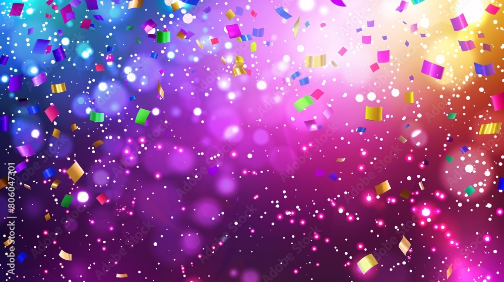 Colorful confetti and ribbons on bokeh background.