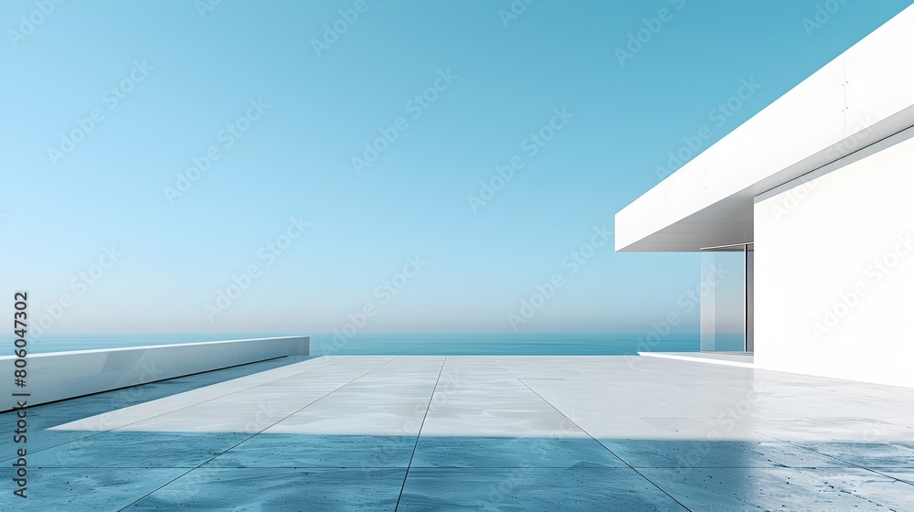 Serene and Striking Modern Architectural Masterpiece with Expansive Minimalist Design and Geometric Shapes Against Tranquil Clear Sky Backdrop