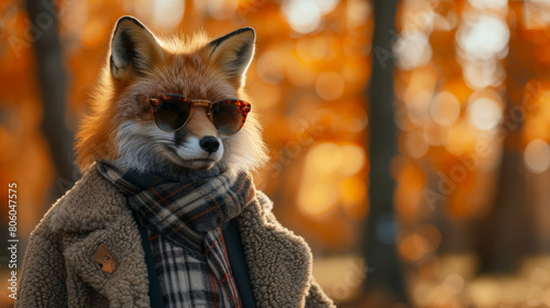 Fashion-forward fox in a faux fur coat, wearing oversized sunglasses,