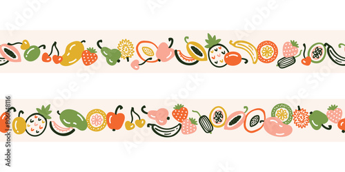 Set of two Horizontal Seamless Borders Fruit Patterns. Colorful Mix of doodle Tropical Fruits. Handmade. Hand drawing. Not AI. Vector illustration