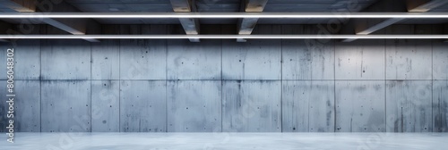 concrete wall, opaque resin panels, neon ceiling lights photo