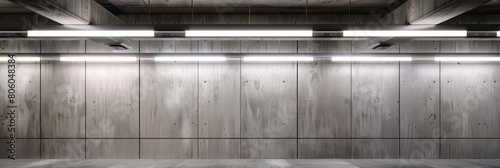 concrete wall, opaque resin panels, neon ceiling lights photo