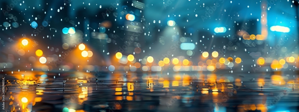 Blurred city lights and raindrops in the streets at night, creating an atmosphere of mystery and tranquility. The focus is on reflections in puddles on the wet pavement. Blurred city lights and raindrops in the streets at night, creating an atmosphere of mystery and tranquility. The focus is on reflections in puddles on the wet pavement.
