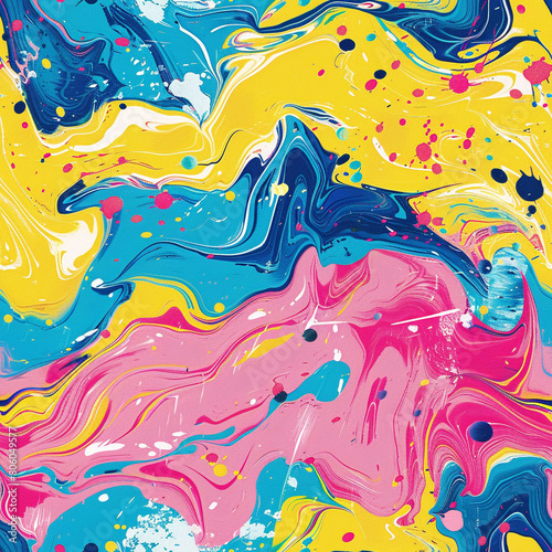 Pink Yellow and Blue Abstract Background with Oil Paint Splatter, Seamless Pattern