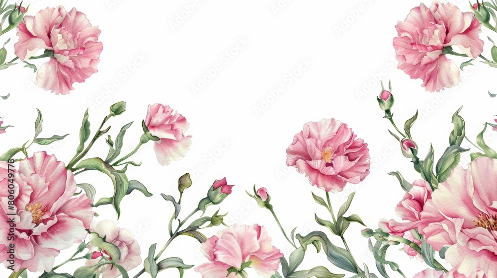 pink carnations border frame on white background, watercolor style.