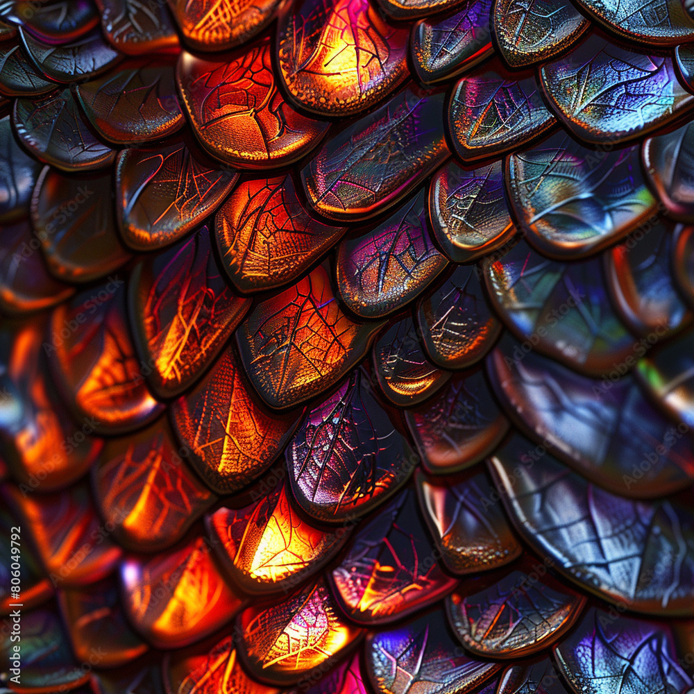 Stained Glass Dragon Scale Photograph Hyper Realistic Intricate Detail, Seamless Pattern