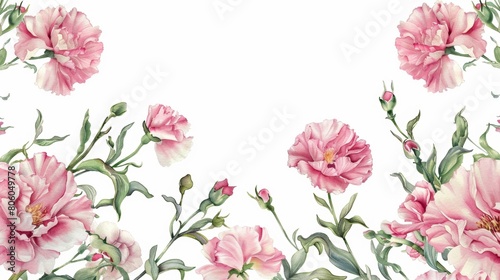 pink carnations border frame on white background, watercolor style.