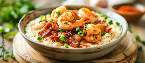 Shrimp and Grits dish from the southern United States, shrimp and grits feature creamy grits topped with shrimp, bacon, onions, garlic, and often garnished with green onions and grated cheese photo