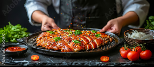 hands of cook serving a Peking Duck, a famous Chinese dish featuring crispy roasted duck with thin, crisp skin, served with hoisin sauce, sliced scallions, and thin pancakes for wrapping photo