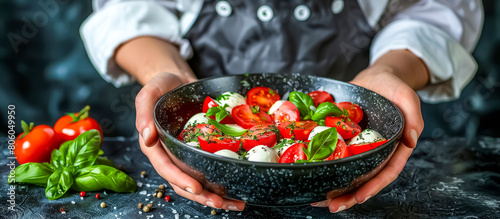 Caprese salad is a simple Italian salad made with sliced tomatoes, fresh mozzarella cheese, basil leaves, olive oil, and balsamic vinegar. photo
