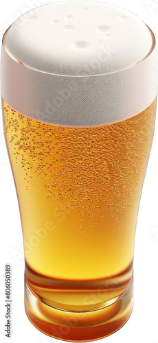 A glass of beer with foam on top. The glass is tall and slender