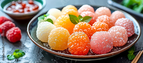 Mochi is a Japanese rice cake made from glutinous rice pounded into a sticky, chewy texture, often filled with sweetened red bean paste, fruit, or ice cream photo