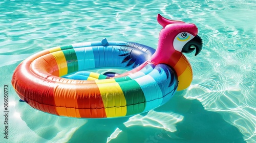 A colorful parrot-shaped inflatable pool float, floating on a pool with clear turquoise water under the sun. photo