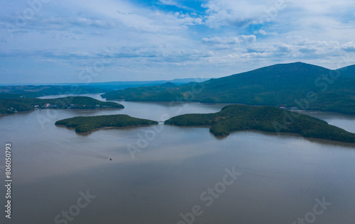 Aerial photography of Jingbo Lake Scenic Area in Mudanjiang City, Heilongjiang Province, China