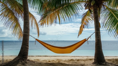A compact  portable hammock tied between two palm trees on a deserted beach  inviting relaxation.