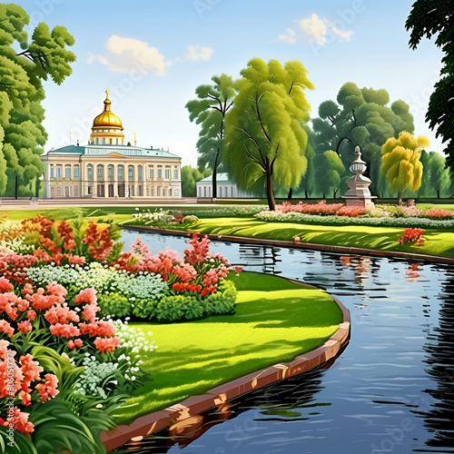 Summer garden in Saint Petersburg city, landscape. Beautiful park, flowers and trees view, green lawn, grass. Famous historical place. For posters, interior decoration, calendars, prints  photo