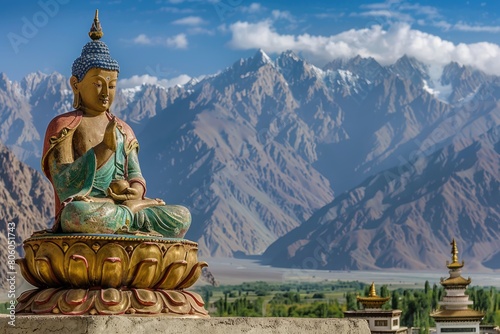 Valley's Majestic Statue in Diskit Monastery with Mountains photo