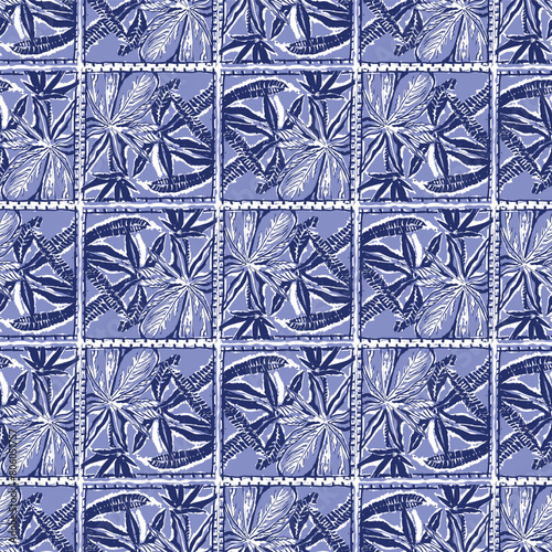 Indigo blue Japanese block print effect pattern. Seamless hand made vector design for fabric batik background and faded fashion repeat. 