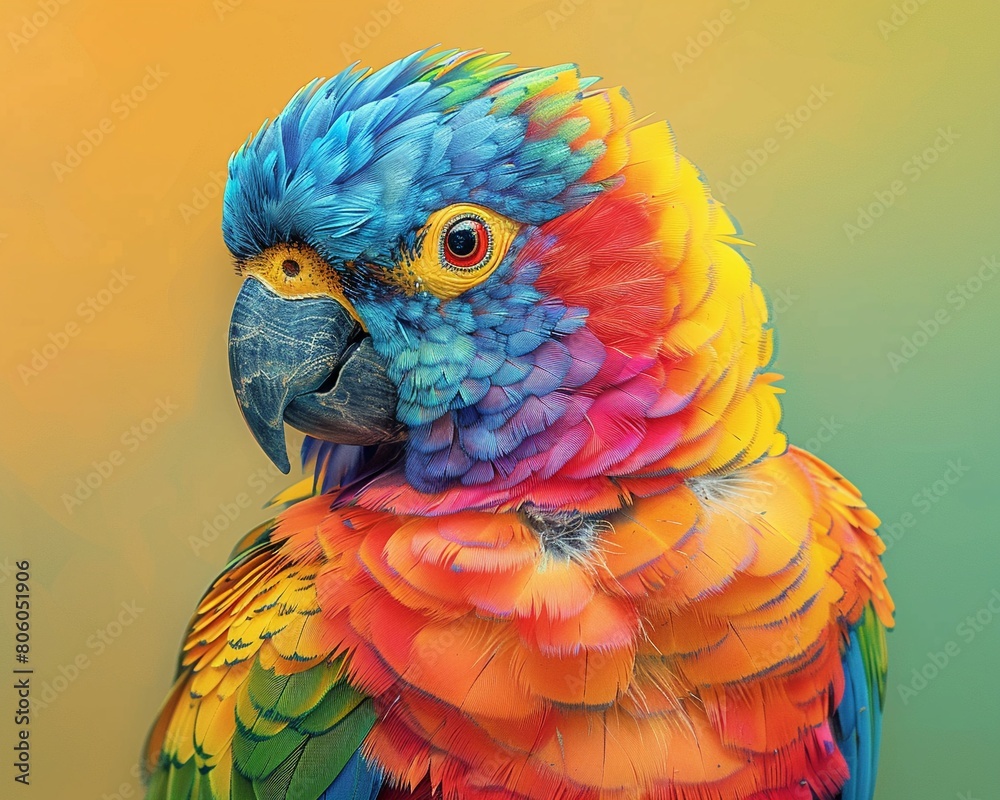 Obraz premium Whimsical digital artwork of a chubby parrot, its feathers rendered in a palette of bright, engaging colors to highlight its jolly nature
