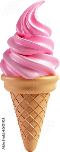 A pink ice cream cone with a swirl of pink ice cream. The cone is made of wood and has a lattice design