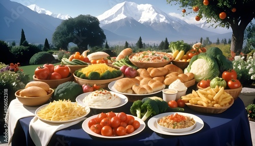 World food safety day with all vegetables foods and all fruits are holding on table behind it a beautiful view and blue sky
