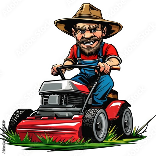 Lawn Mower Cartoon. Superhero Gardener in Hat Mowing Grass with Engine-powered Lawnmover
